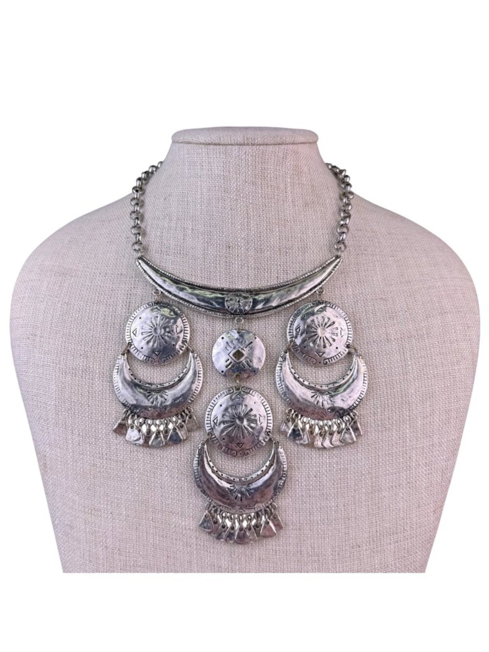 Chicos Womens Silver-Tone Statement Necklace Layered Fringe Disc Design